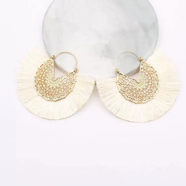 Boho Intricate Gold Fan Fringe Earrings