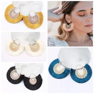 Boho Intricate Gold Fan Fringe Earrings