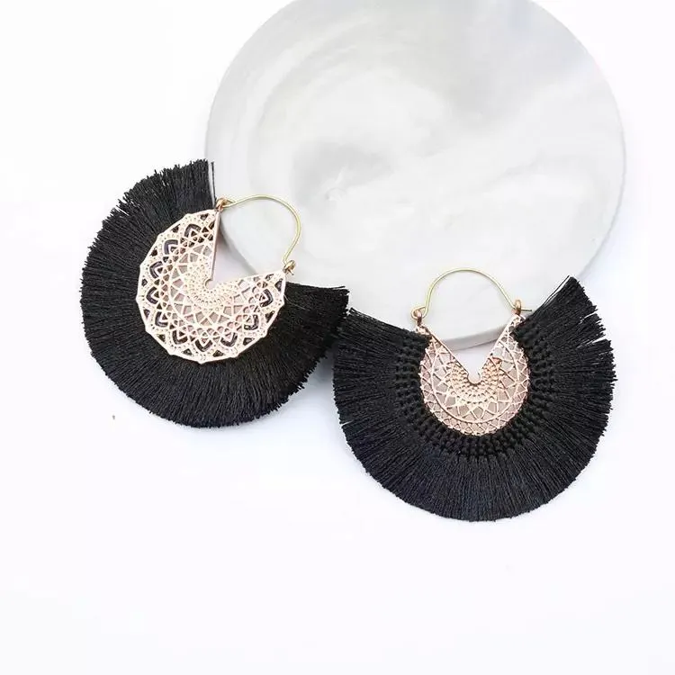 Boho Intricate Gold Fan Fringe Earrings