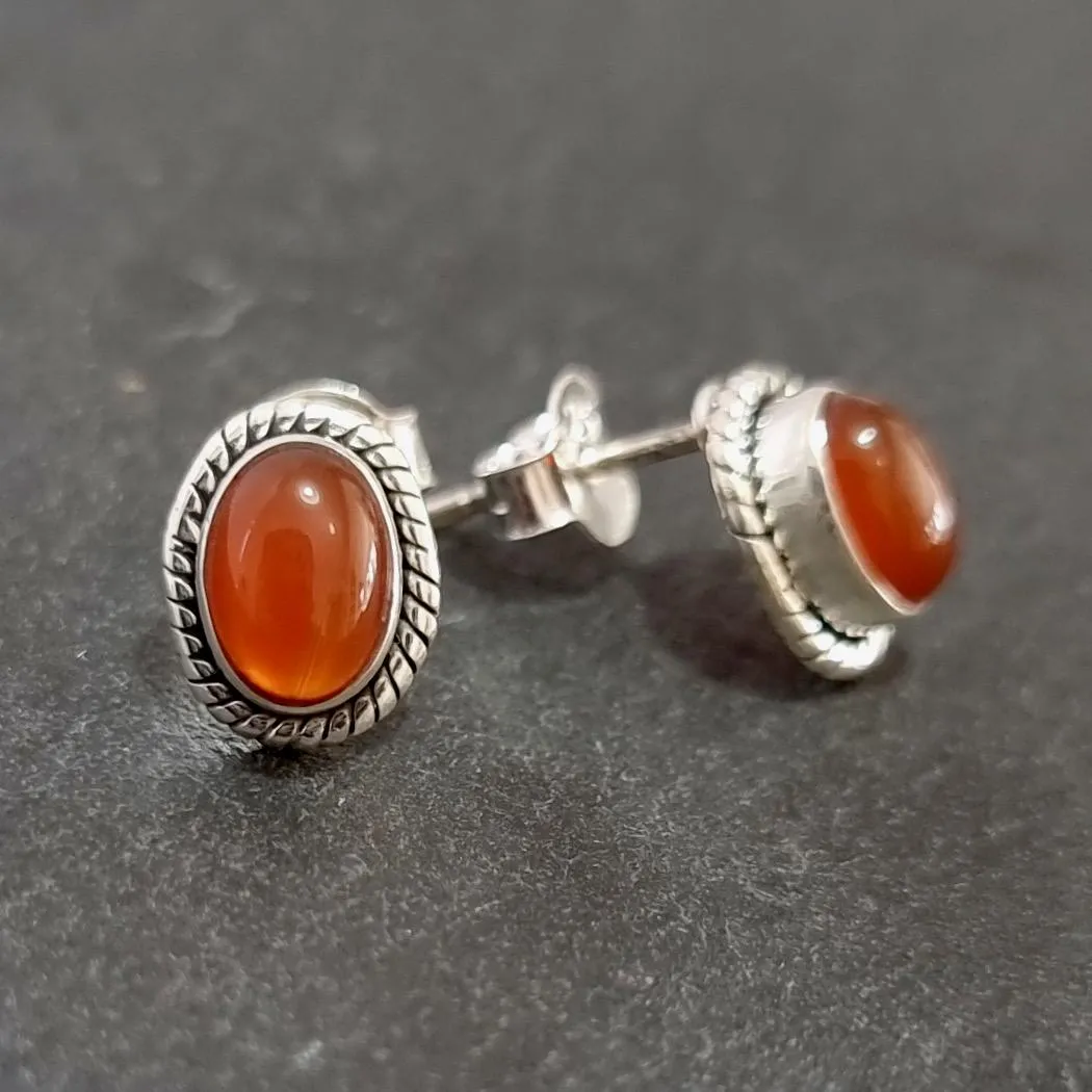 Boho Oval Carnelian Studs Earrings, 925 Sterling Silver, S4CARN