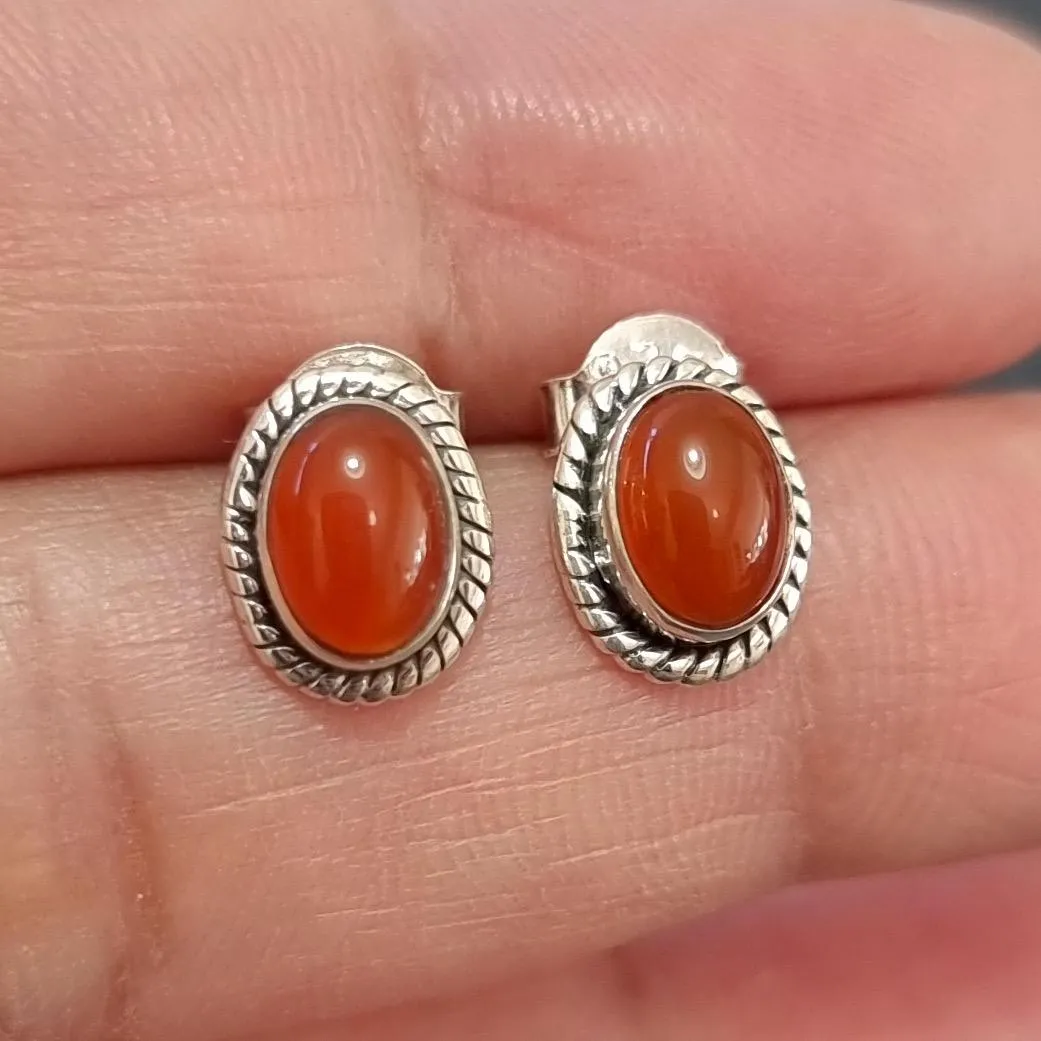 Boho Oval Carnelian Studs Earrings, 925 Sterling Silver, S4CARN