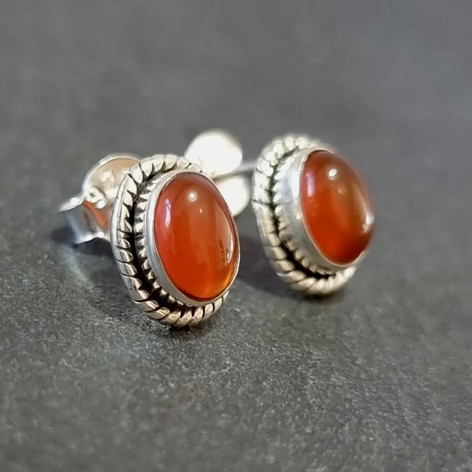 Boho Oval Carnelian Studs Earrings, 925 Sterling Silver, S4CARN
