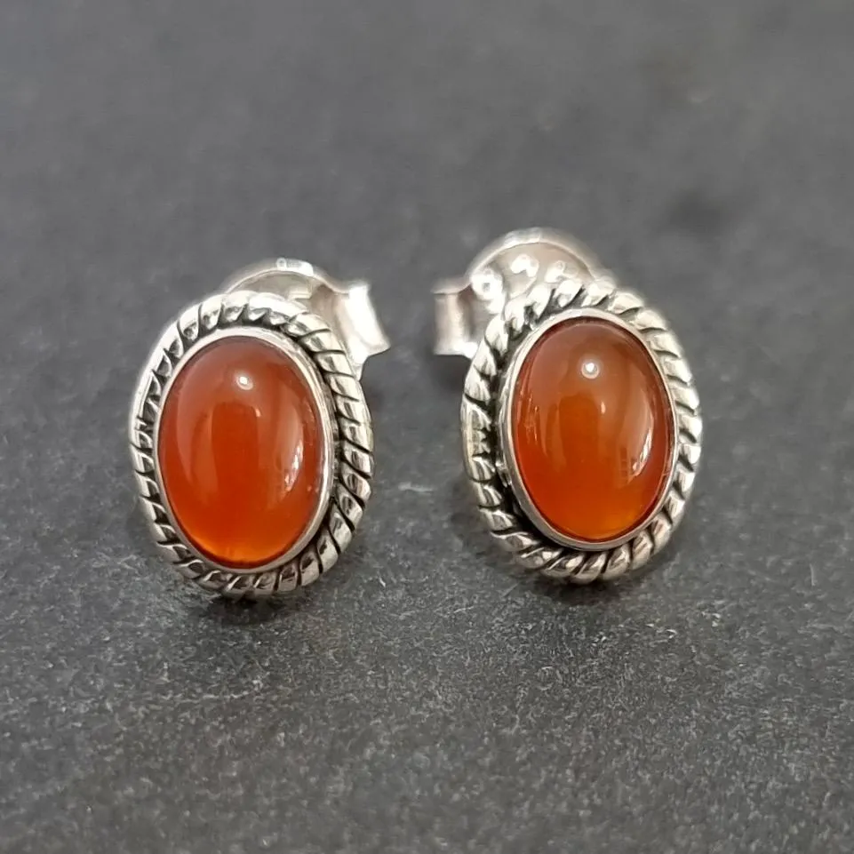 Boho Oval Carnelian Studs Earrings, 925 Sterling Silver, S4CARN