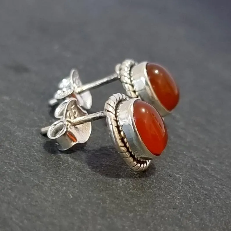 Boho Oval Carnelian Studs Earrings, 925 Sterling Silver, S4CARN