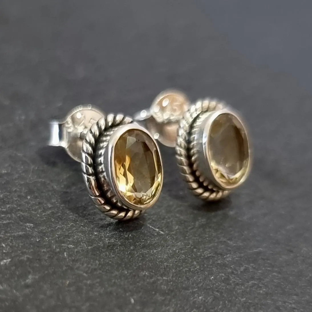 Boho Oval Citrine Studs Earrings, 925 Sterling Silver, S4CIT