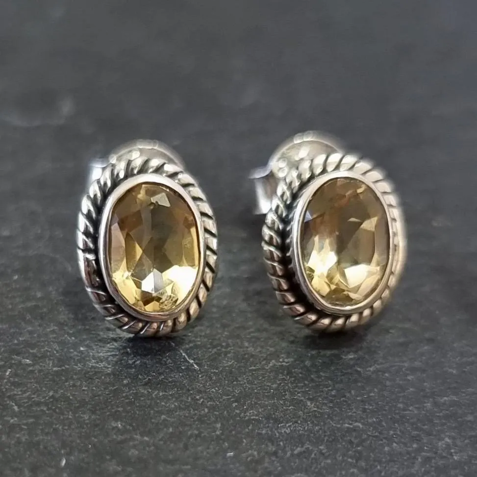 Boho Oval Citrine Studs Earrings, 925 Sterling Silver, S4CIT