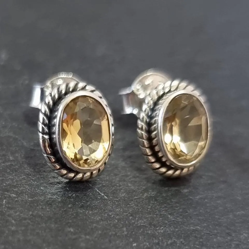 Boho Oval Citrine Studs Earrings, 925 Sterling Silver, S4CIT