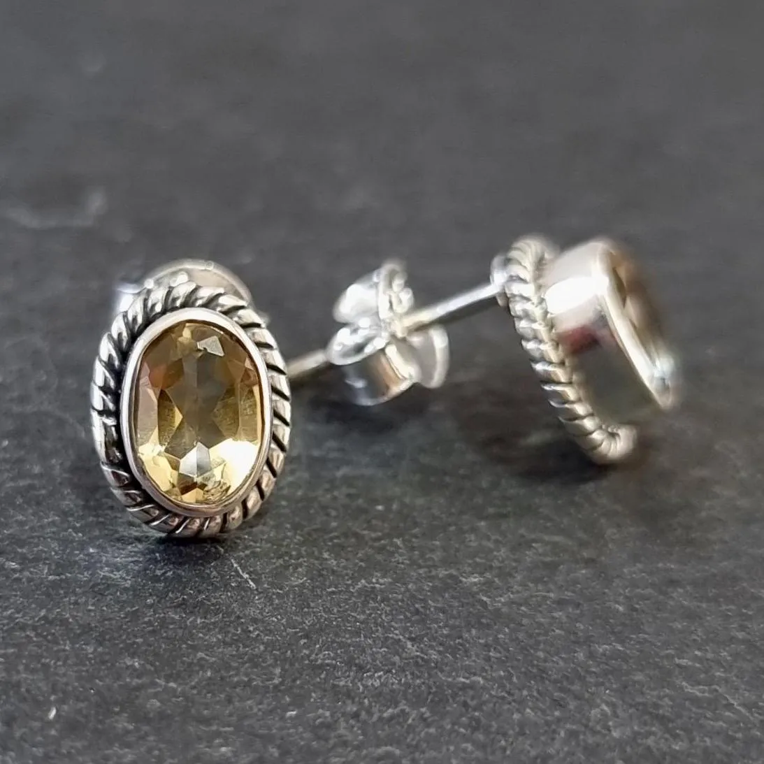 Boho Oval Citrine Studs Earrings, 925 Sterling Silver, S4CIT