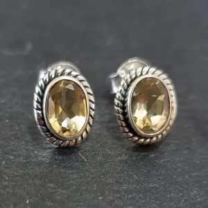 Boho Oval Citrine Studs Earrings, 925 Sterling Silver, S4CIT