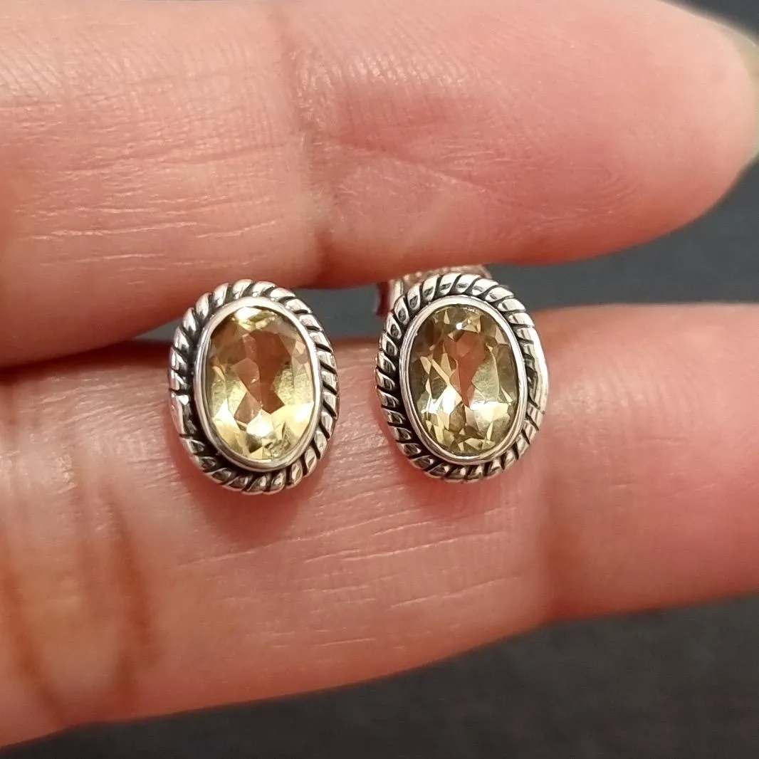 Boho Oval Citrine Studs Earrings, 925 Sterling Silver, S4CIT