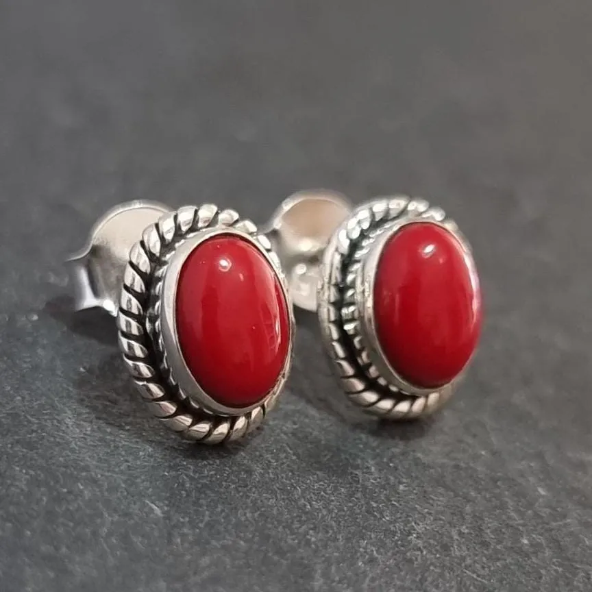 Boho Oval Coral Studs Earrings, 925 Sterling Silver, S4COR