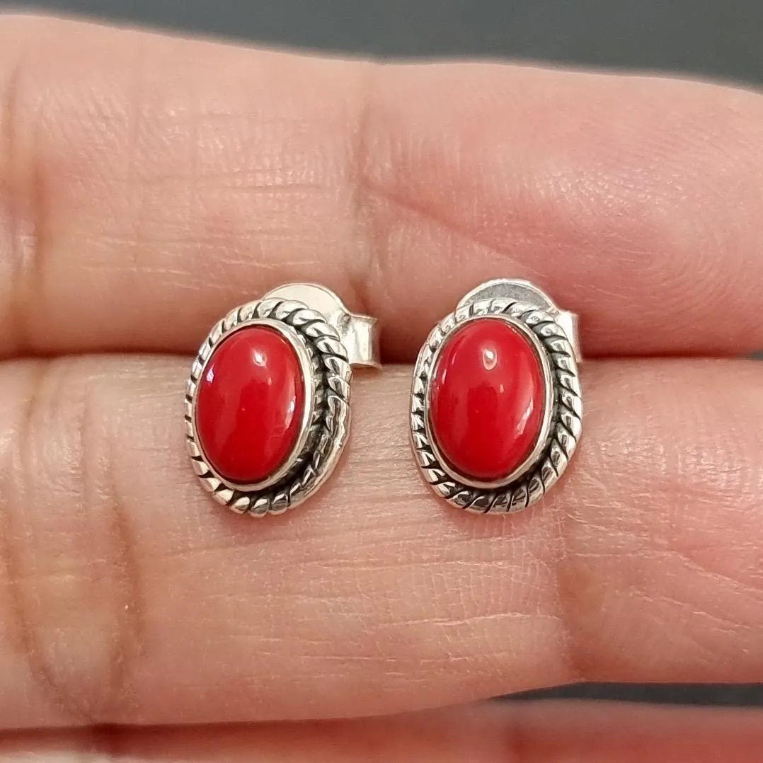 Boho Oval Coral Studs Earrings, 925 Sterling Silver, S4COR