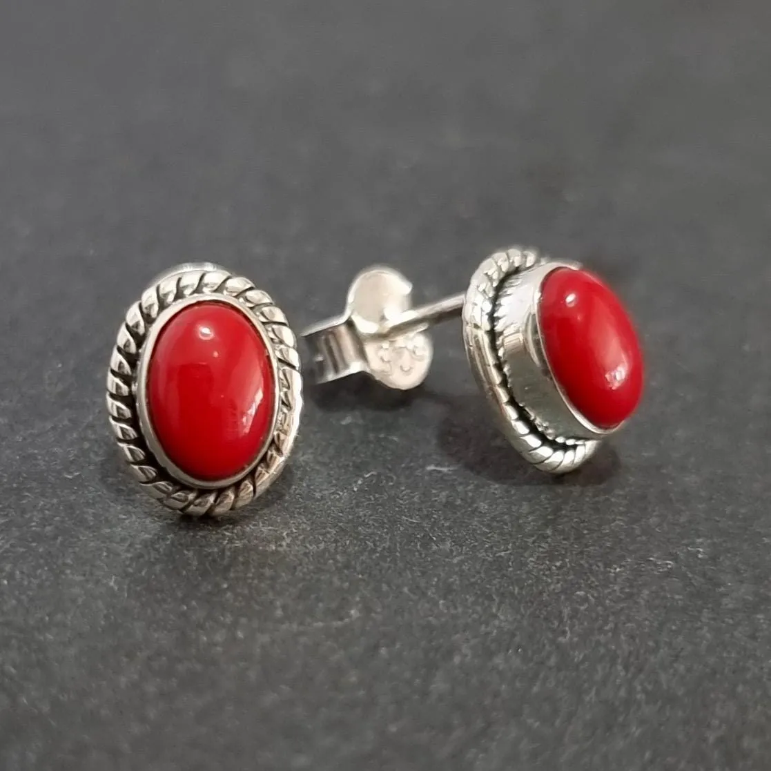 Boho Oval Coral Studs Earrings, 925 Sterling Silver, S4COR