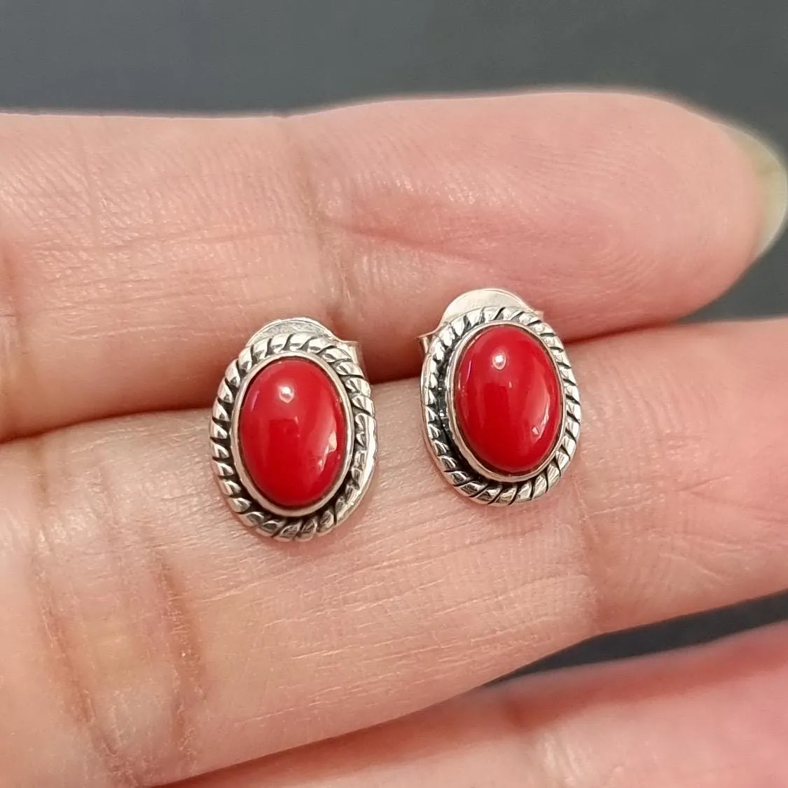 Boho Oval Coral Studs Earrings, 925 Sterling Silver, S4COR