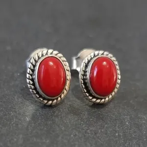 Boho Oval Coral Studs Earrings, 925 Sterling Silver, S4COR