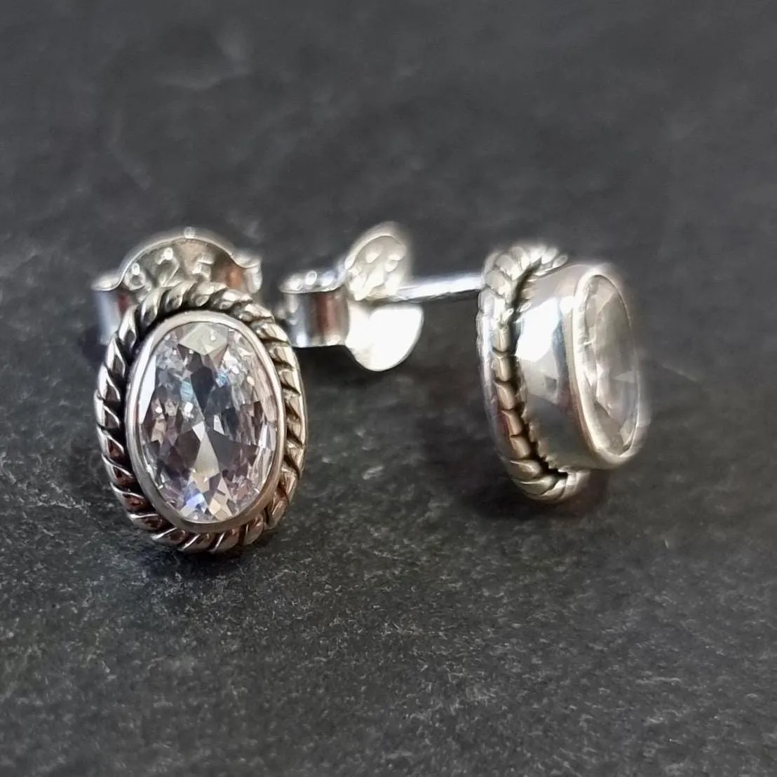 Boho Oval Cubic Zirconia Studs Earrings, 925 Sterling Silver, S4CZ