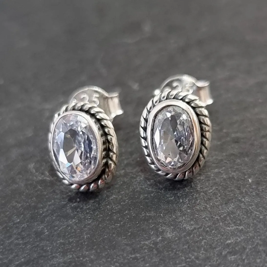Boho Oval Cubic Zirconia Studs Earrings, 925 Sterling Silver, S4CZ