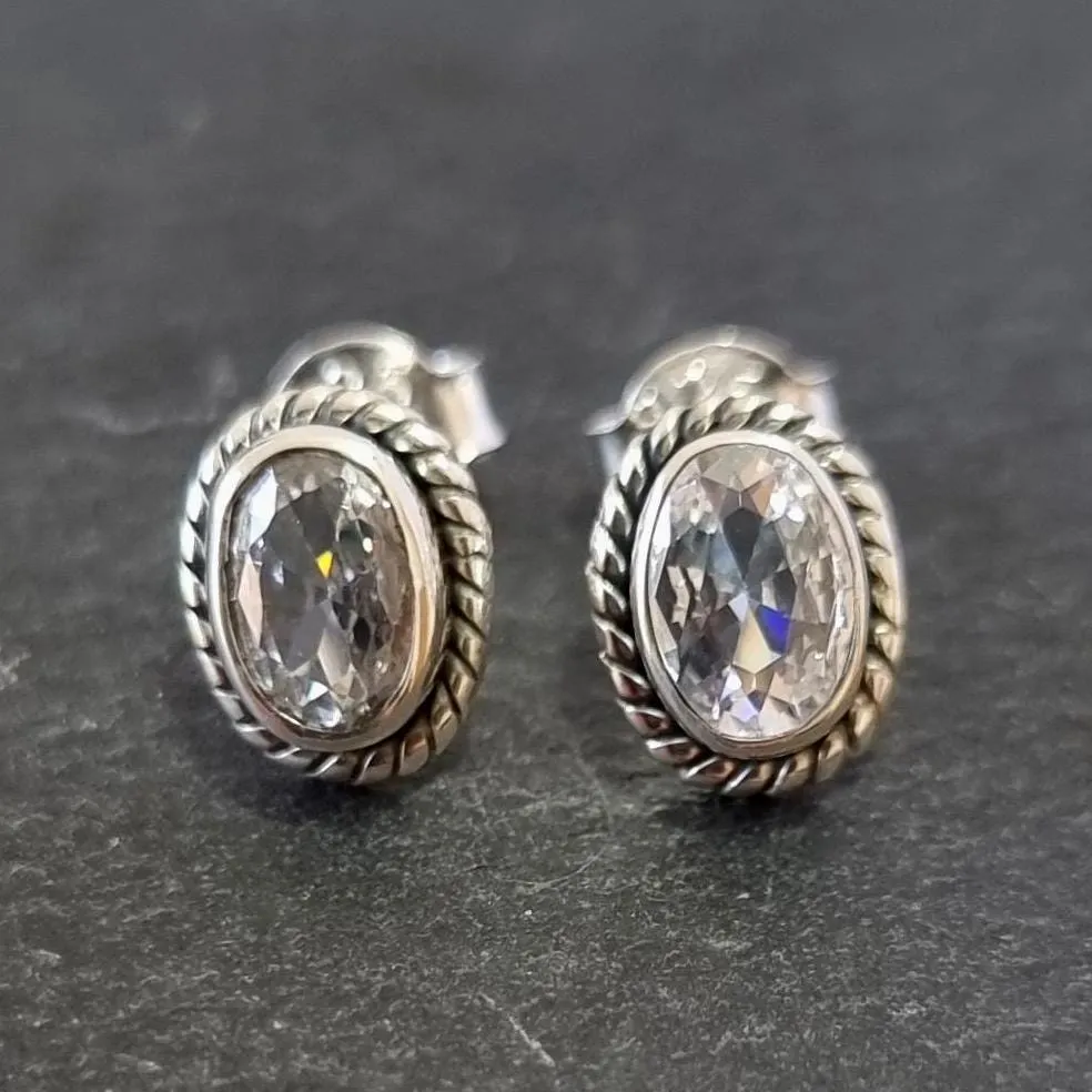 Boho Oval Cubic Zirconia Studs Earrings, 925 Sterling Silver, S4CZ