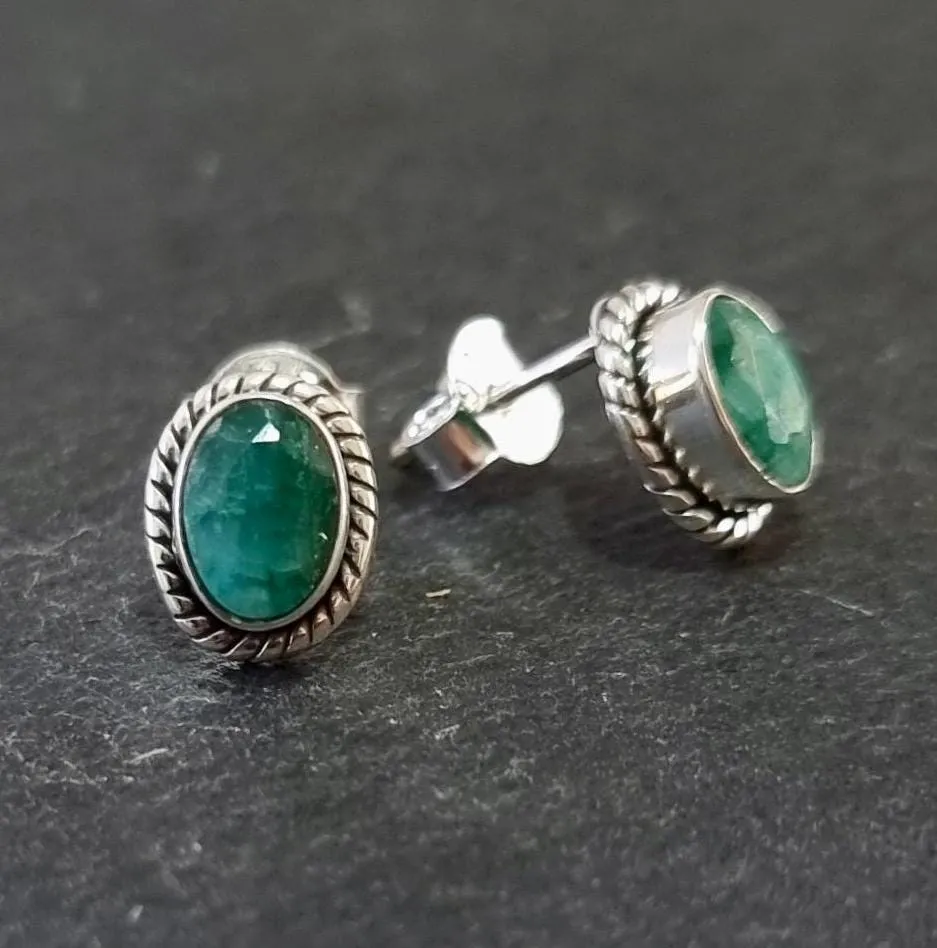 Boho Oval Emerald Studs Earrings, 925 Sterling Silver, S4EM