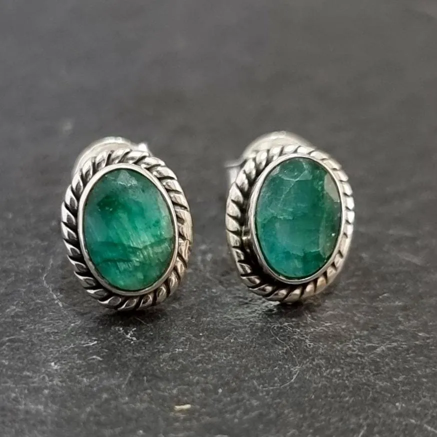 Boho Oval Emerald Studs Earrings, 925 Sterling Silver, S4EM