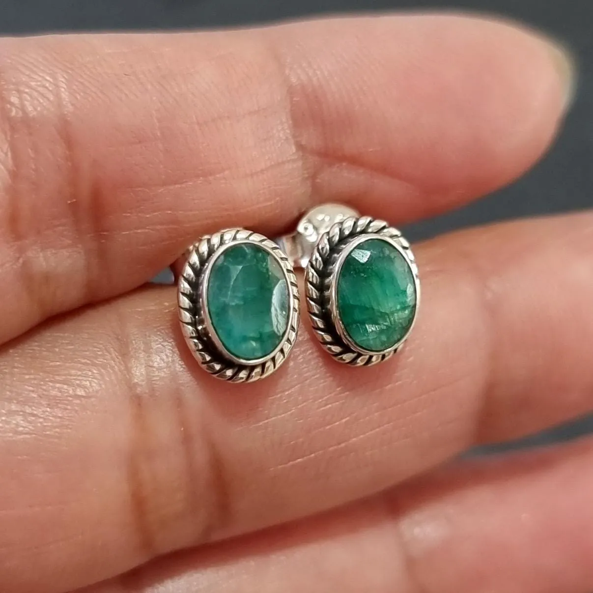 Boho Oval Emerald Studs Earrings, 925 Sterling Silver, S4EM
