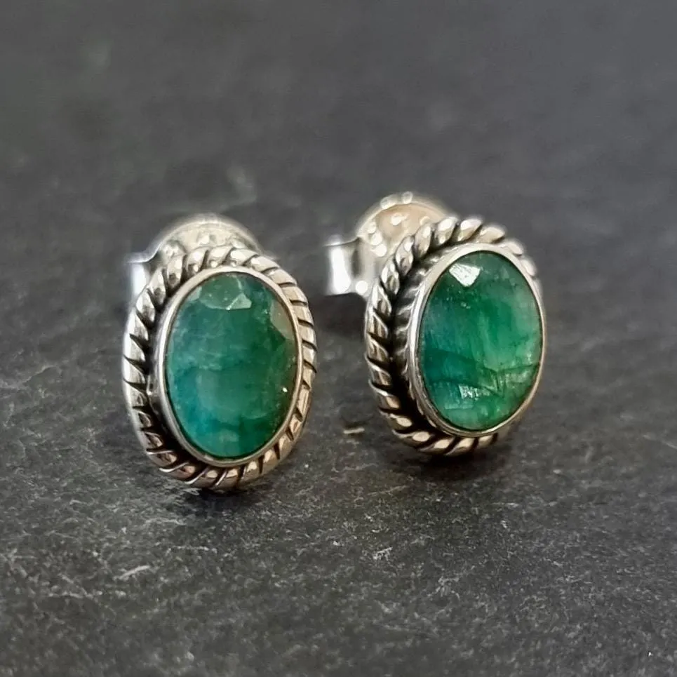 Boho Oval Emerald Studs Earrings, 925 Sterling Silver, S4EM