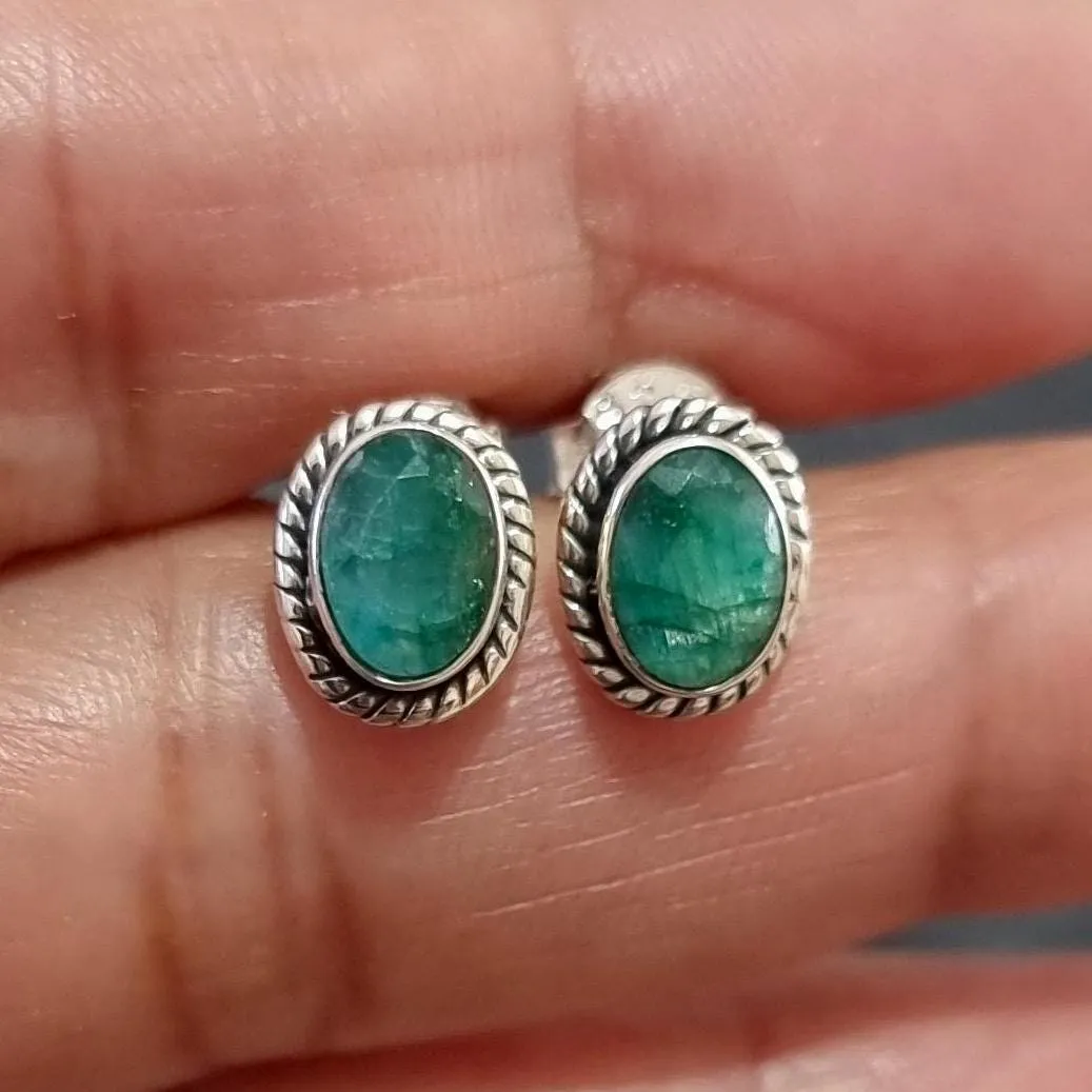 Boho Oval Emerald Studs Earrings, 925 Sterling Silver, S4EM