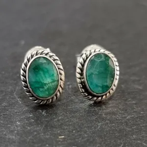 Boho Oval Emerald Studs Earrings, 925 Sterling Silver, S4EM