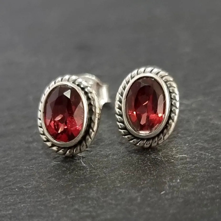 Boho Oval Facetted Garnet Studs Earrings, 925 Sterling Silver, S4GF