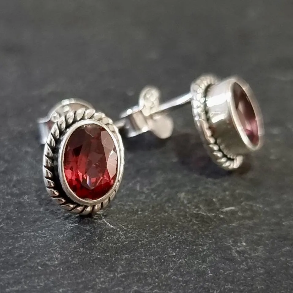 Boho Oval Facetted Garnet Studs Earrings, 925 Sterling Silver, S4GF