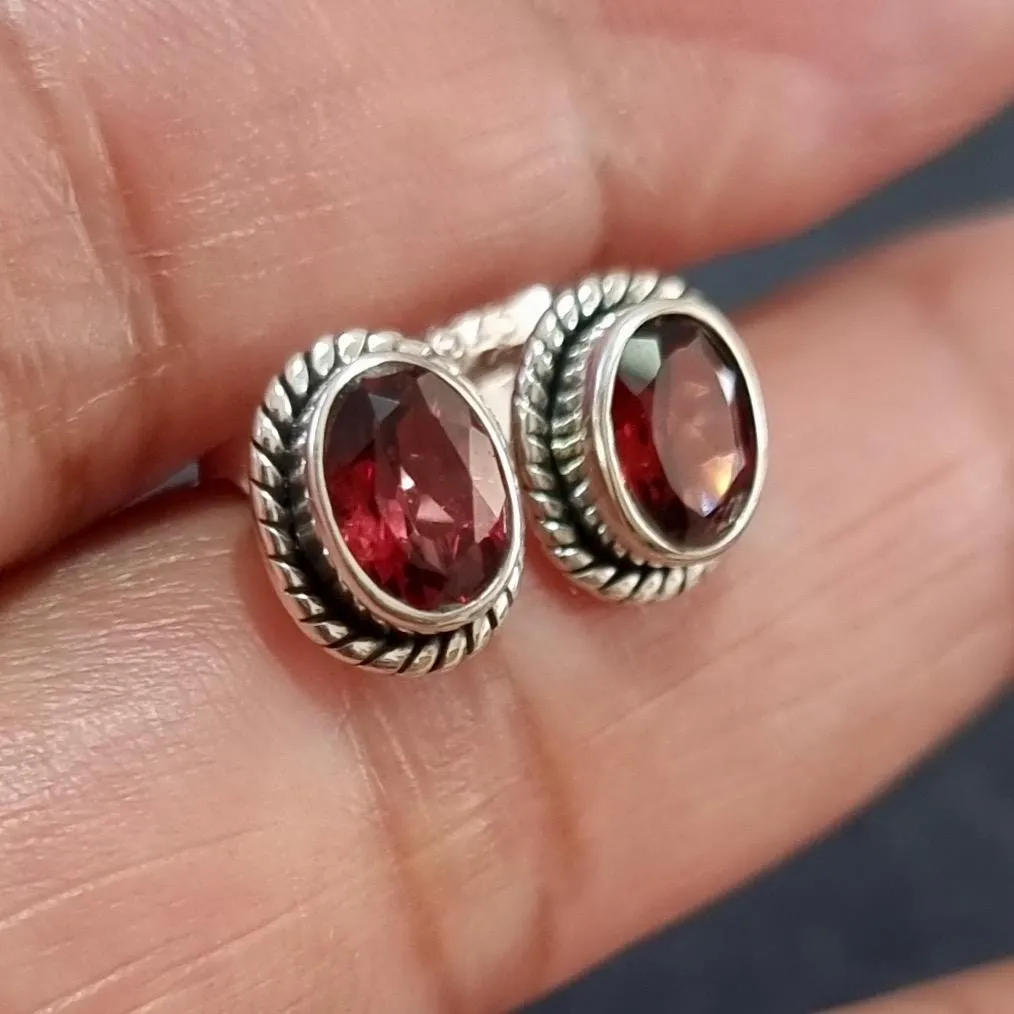 Boho Oval Facetted Garnet Studs Earrings, 925 Sterling Silver, S4GF