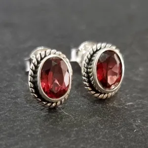 Boho Oval Facetted Garnet Studs Earrings, 925 Sterling Silver, S4GF