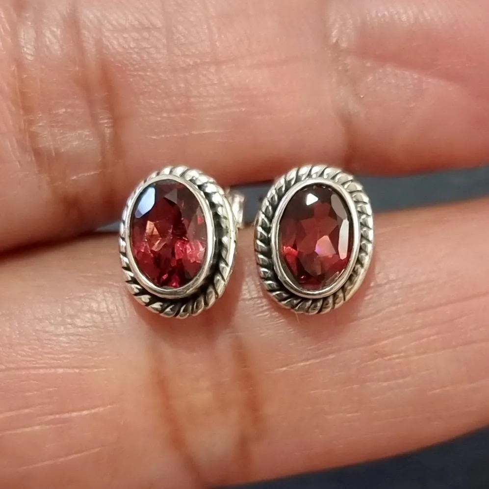 Boho Oval Facetted Garnet Studs Earrings, 925 Sterling Silver, S4GF