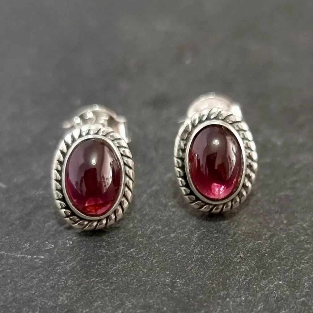 Boho Oval Garnet Studs Earrings, 925 Sterling Silver, S4G