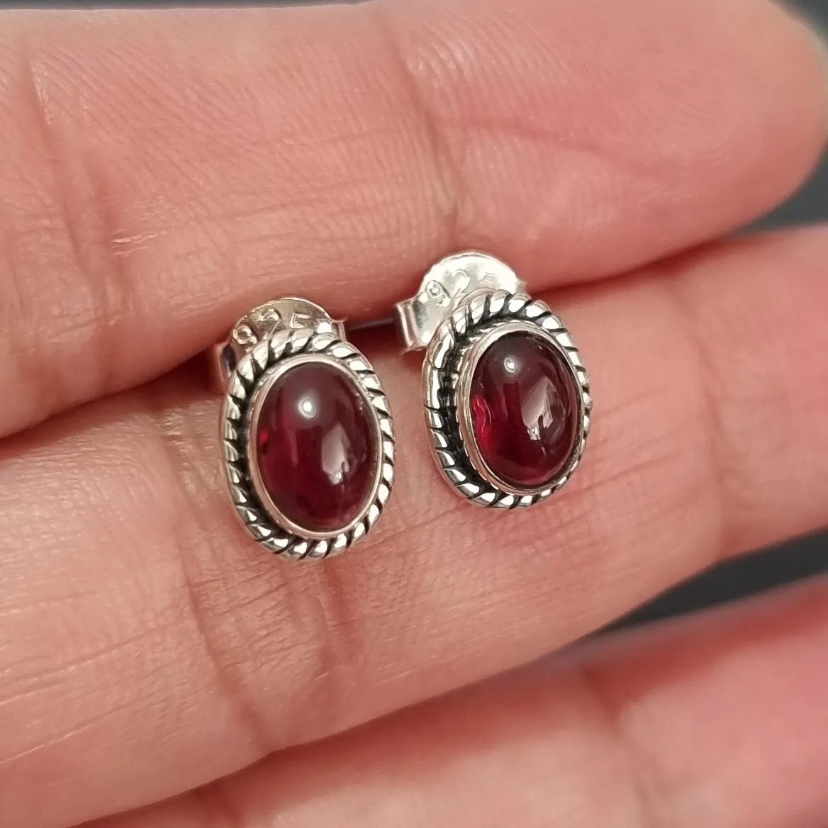 Boho Oval Garnet Studs Earrings, 925 Sterling Silver, S4G