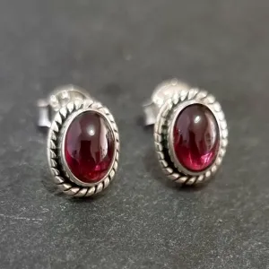 Boho Oval Garnet Studs Earrings, 925 Sterling Silver, S4G