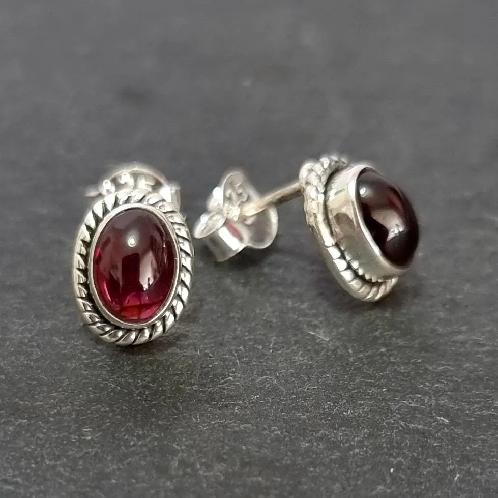 Boho Oval Garnet Studs Earrings, 925 Sterling Silver, S4G