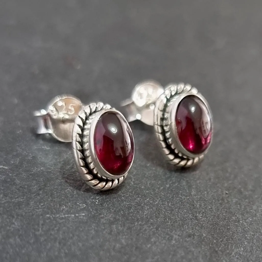 Boho Oval Garnet Studs Earrings, 925 Sterling Silver, S4G