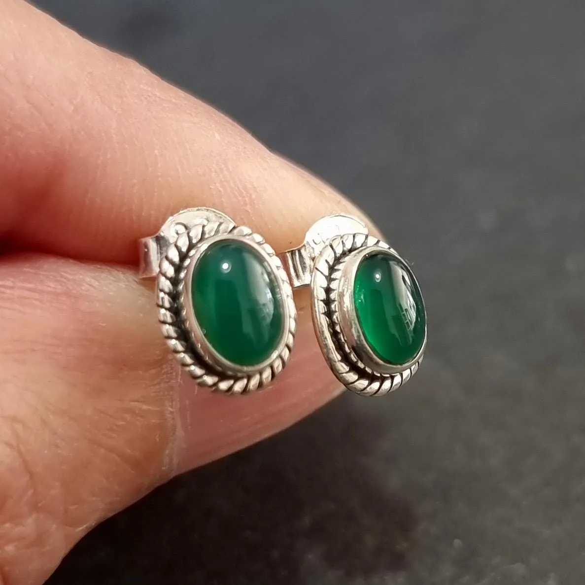 Boho Oval Green Onyx Studs Earrings, 925 Sterling Silver, S4GO