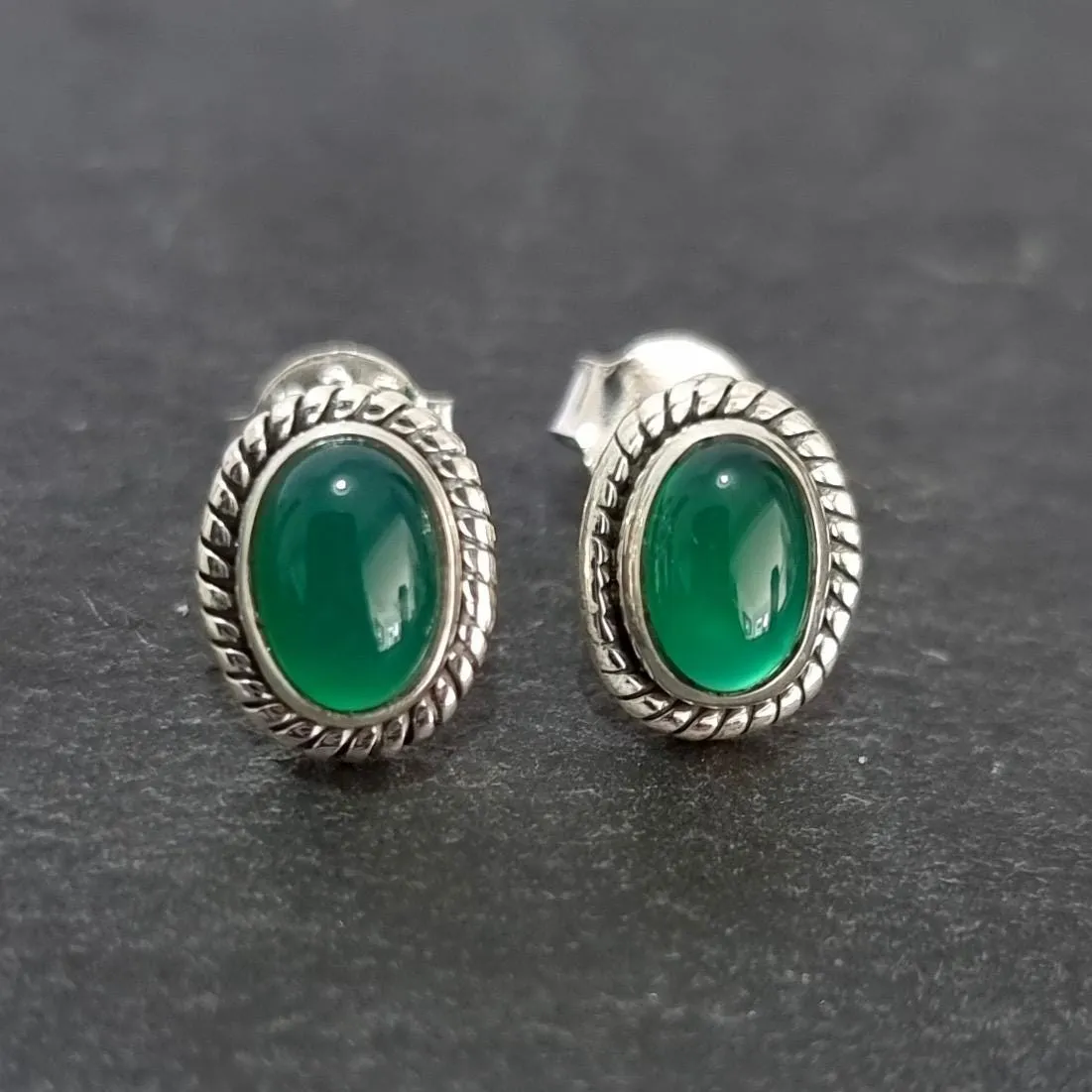 Boho Oval Green Onyx Studs Earrings, 925 Sterling Silver, S4GO