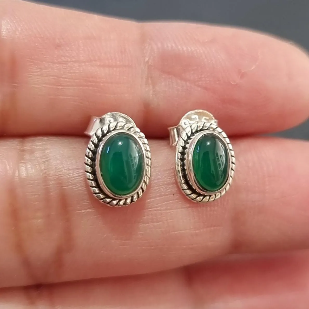 Boho Oval Green Onyx Studs Earrings, 925 Sterling Silver, S4GO