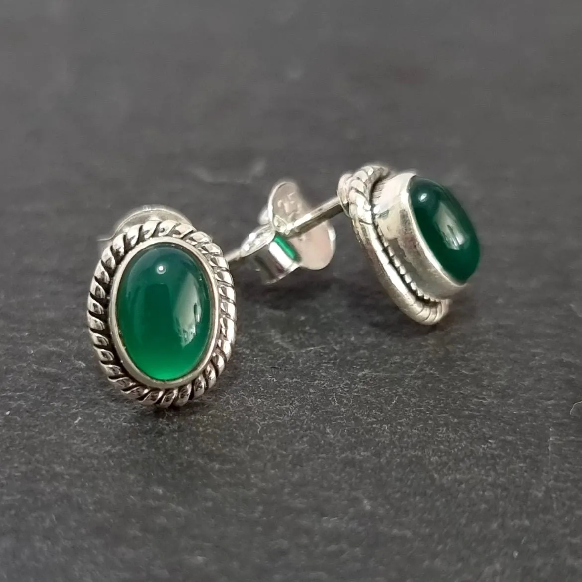 Boho Oval Green Onyx Studs Earrings, 925 Sterling Silver, S4GO