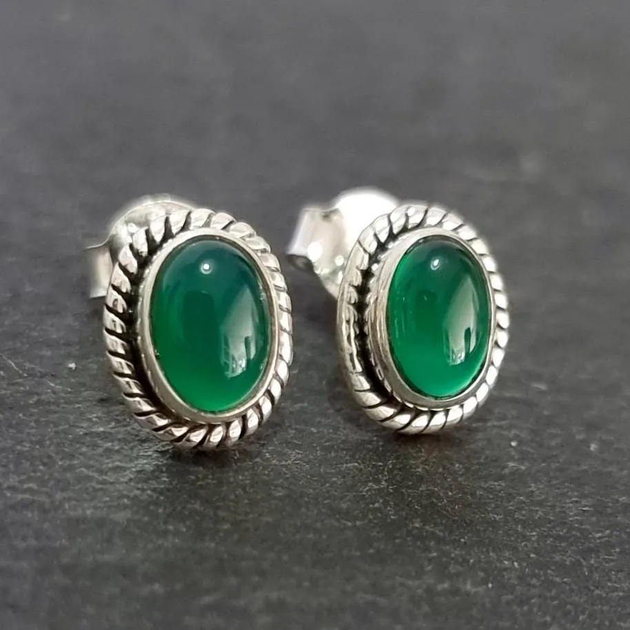Boho Oval Green Onyx Studs Earrings, 925 Sterling Silver, S4GO