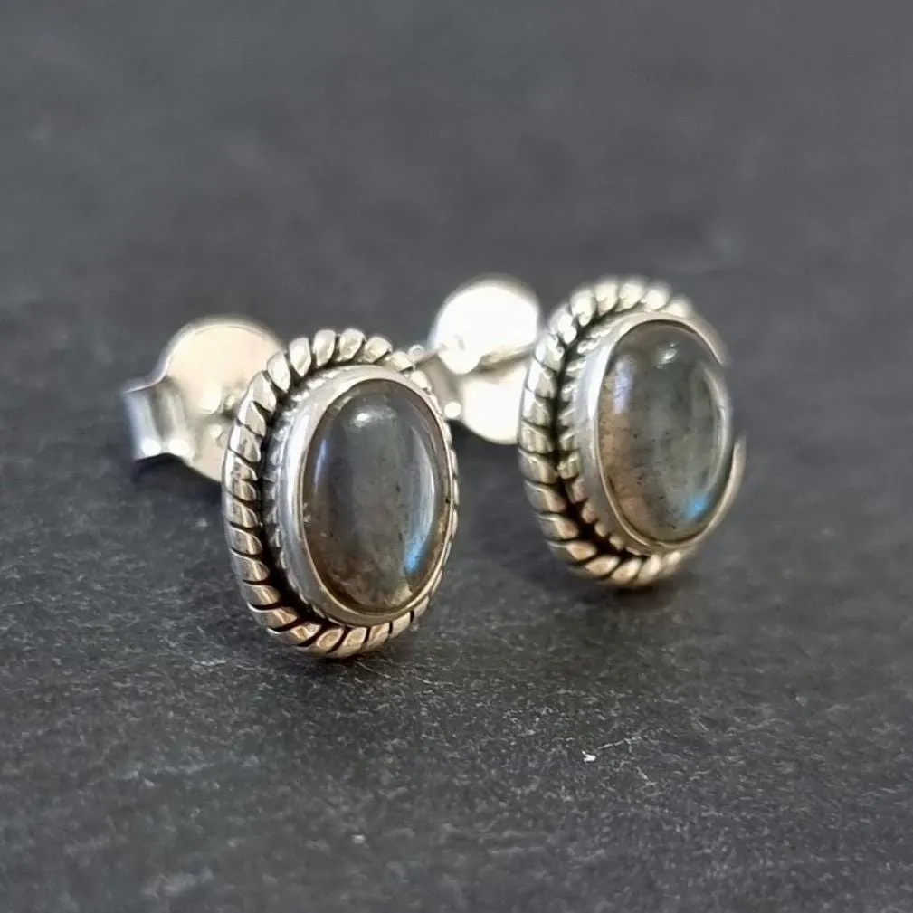 Boho Oval Labradorite Studs Earrings, 925 Sterling Silver, S4LAB