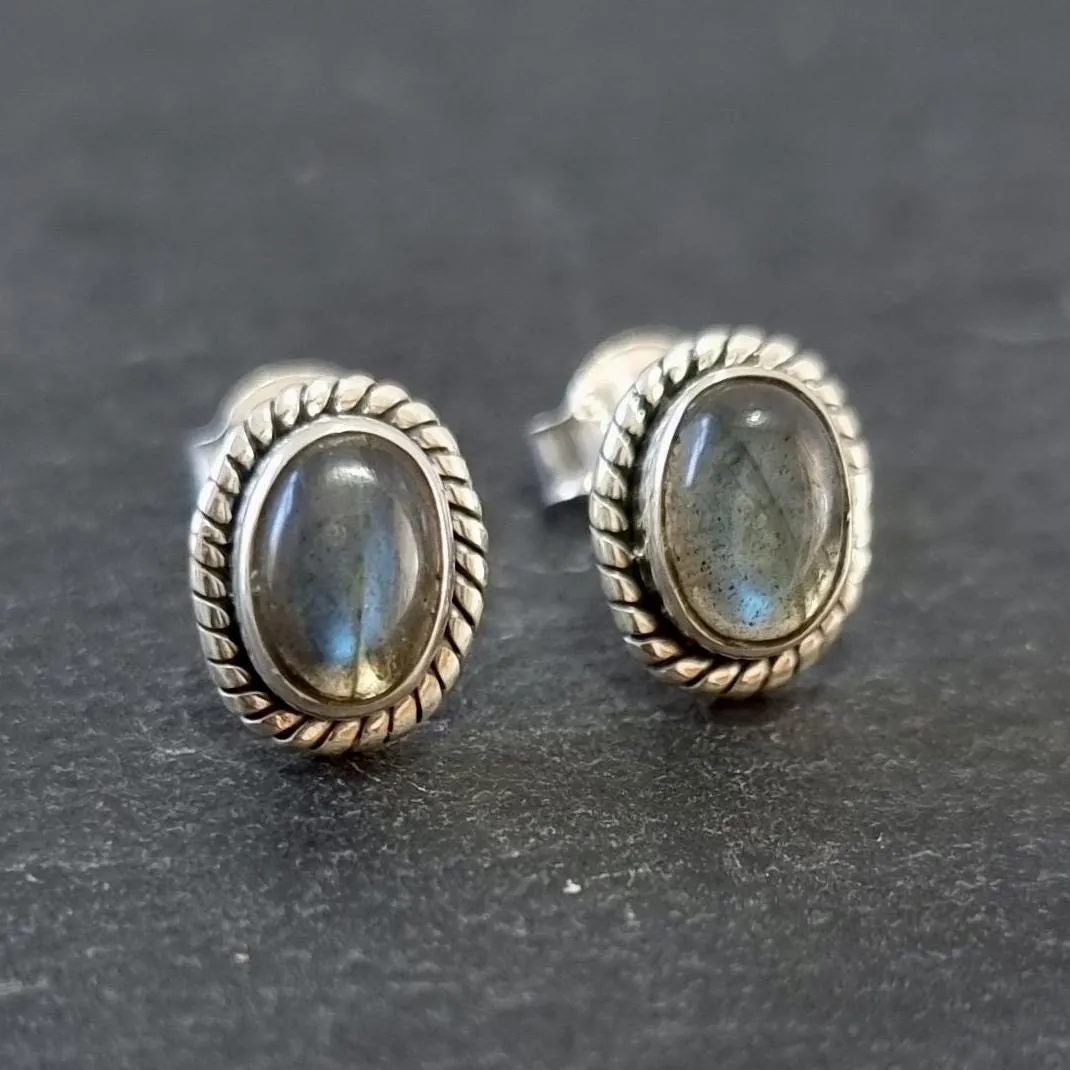 Boho Oval Labradorite Studs Earrings, 925 Sterling Silver, S4LAB
