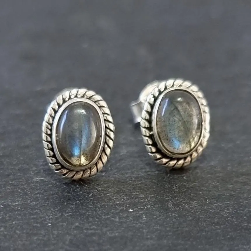 Boho Oval Labradorite Studs Earrings, 925 Sterling Silver, S4LAB