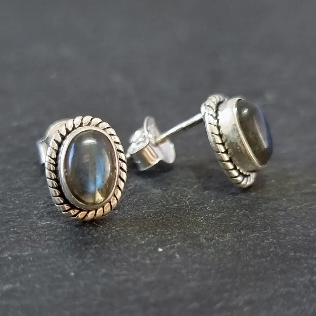 Boho Oval Labradorite Studs Earrings, 925 Sterling Silver, S4LAB