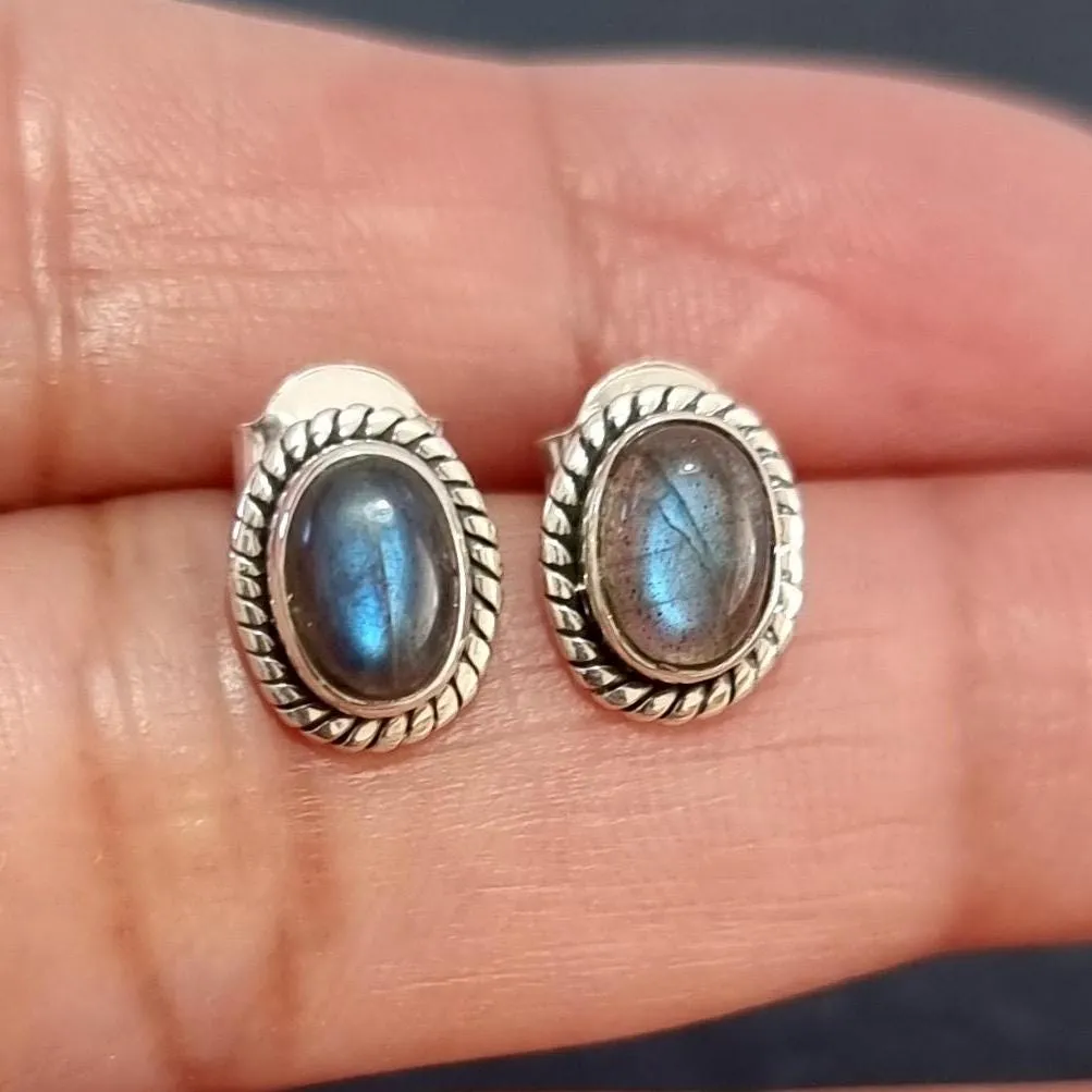Boho Oval Labradorite Studs Earrings, 925 Sterling Silver, S4LAB