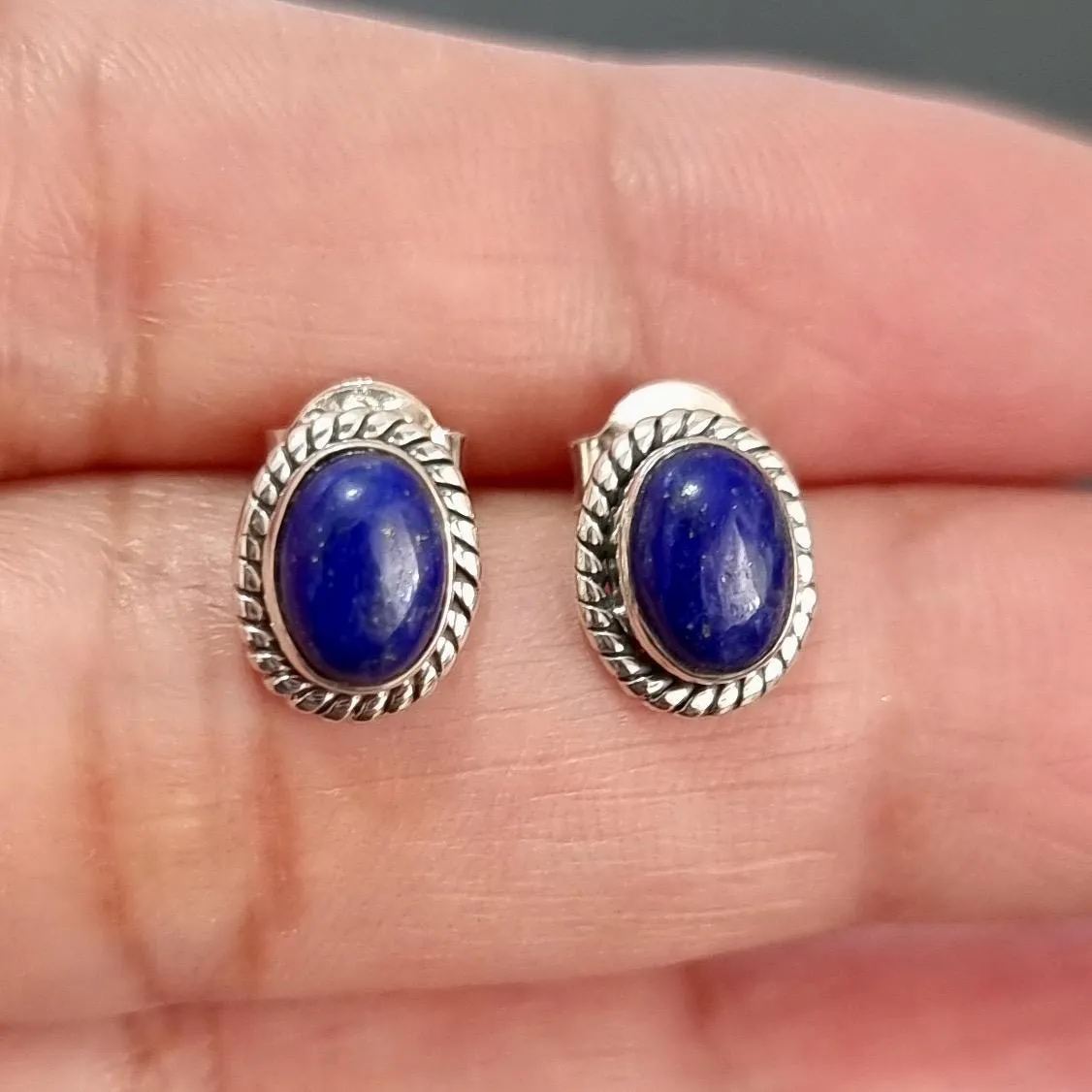 Boho Oval Lapis Lazuli Stud Earrings, 925 Sterling Silver, S4LL
