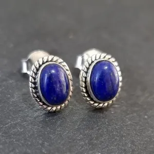 Boho Oval Lapis Lazuli Stud Earrings, 925 Sterling Silver, S4LL